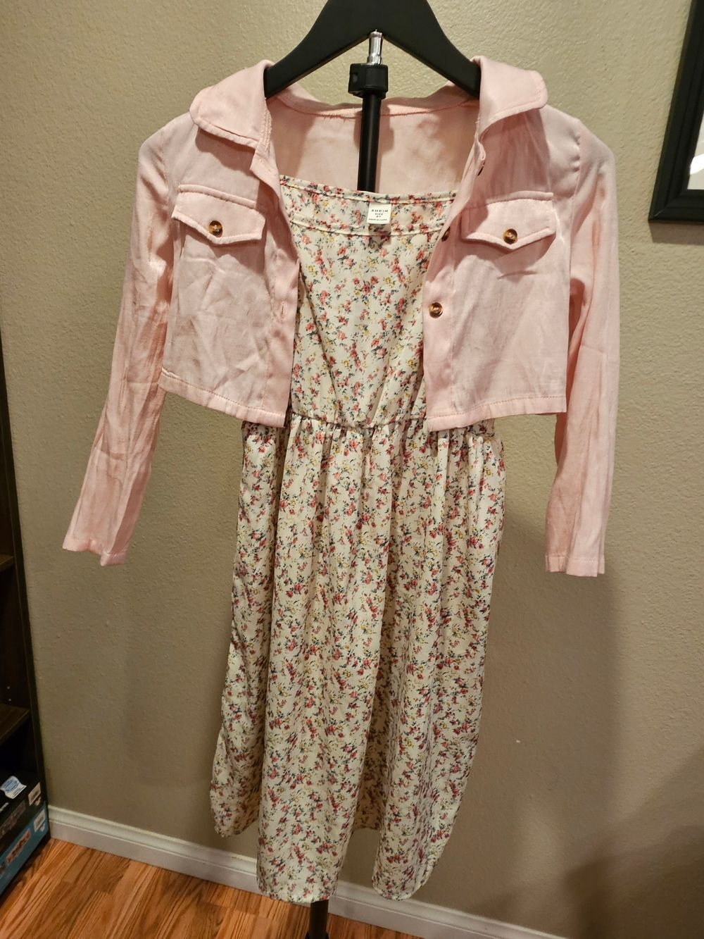 SHEIN Girl's Pale Pink Cropped Jacket with Floral Slip Dress